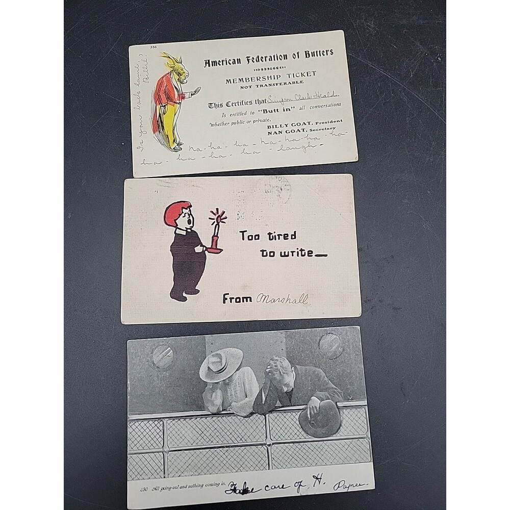 Lot Of 3 Antique Comic Joke Postcards 1906 07 Goat Child Couple "Butt In" Tired
